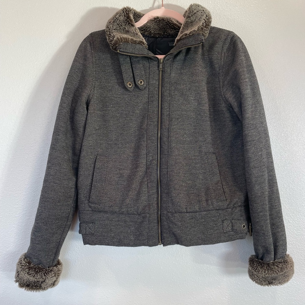 Vans‎ Faux Fur Trim Bomber Jacket Women Sz Medium Full Zip Brown/Gray Lined